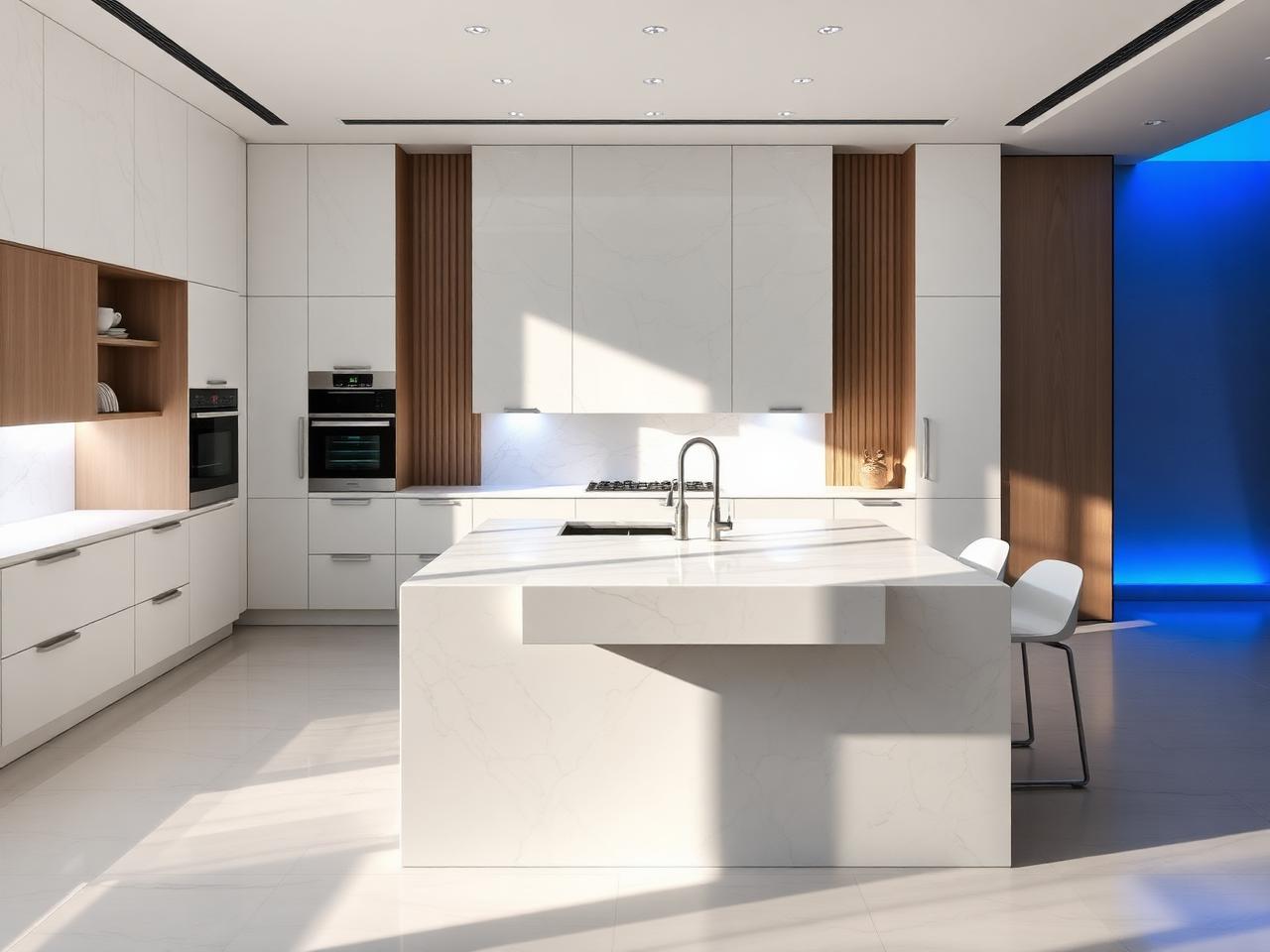 Cozinha moderna com bancada e ilha em mármore branco